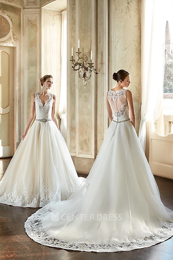 Ball Gown V-Neck Appliqued Floor-Length Sleeveless Tulle&Lace Wedding Dress With Waist Jewellery