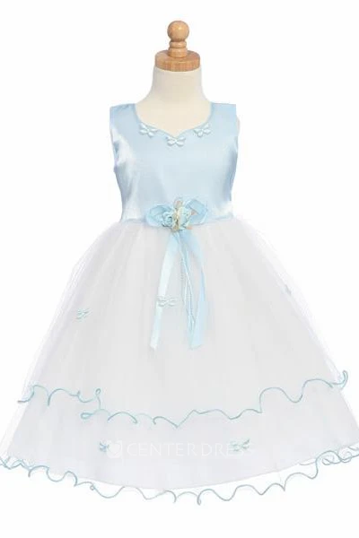 Tea-Length Floral Floral Tulle&Satin Flower Girl Dress