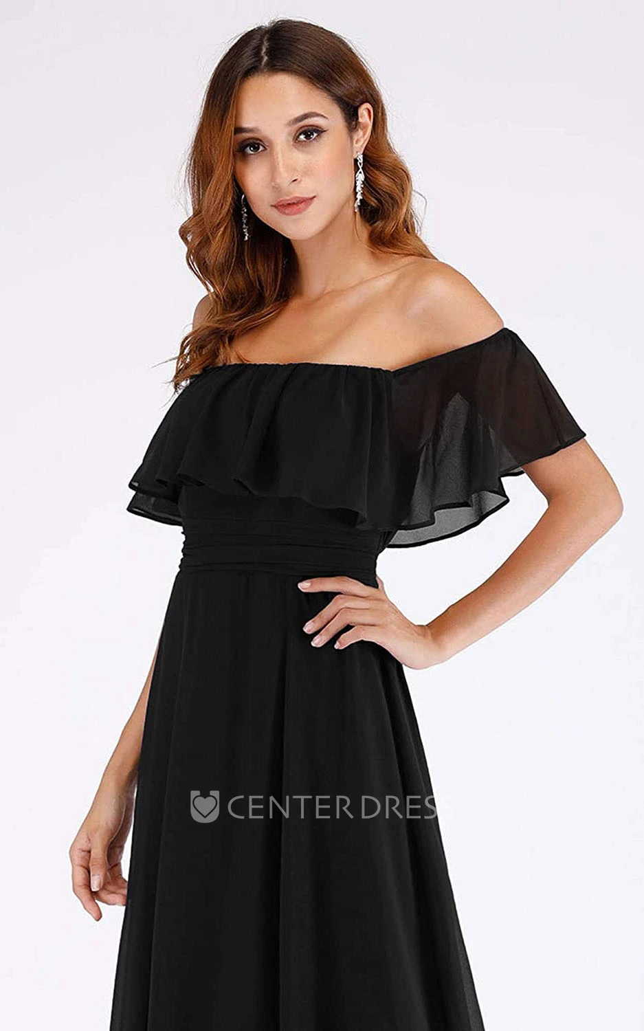 Simple A Line Chiffon Off-the-shoulder Evening Dress With Ruffles and Split Front