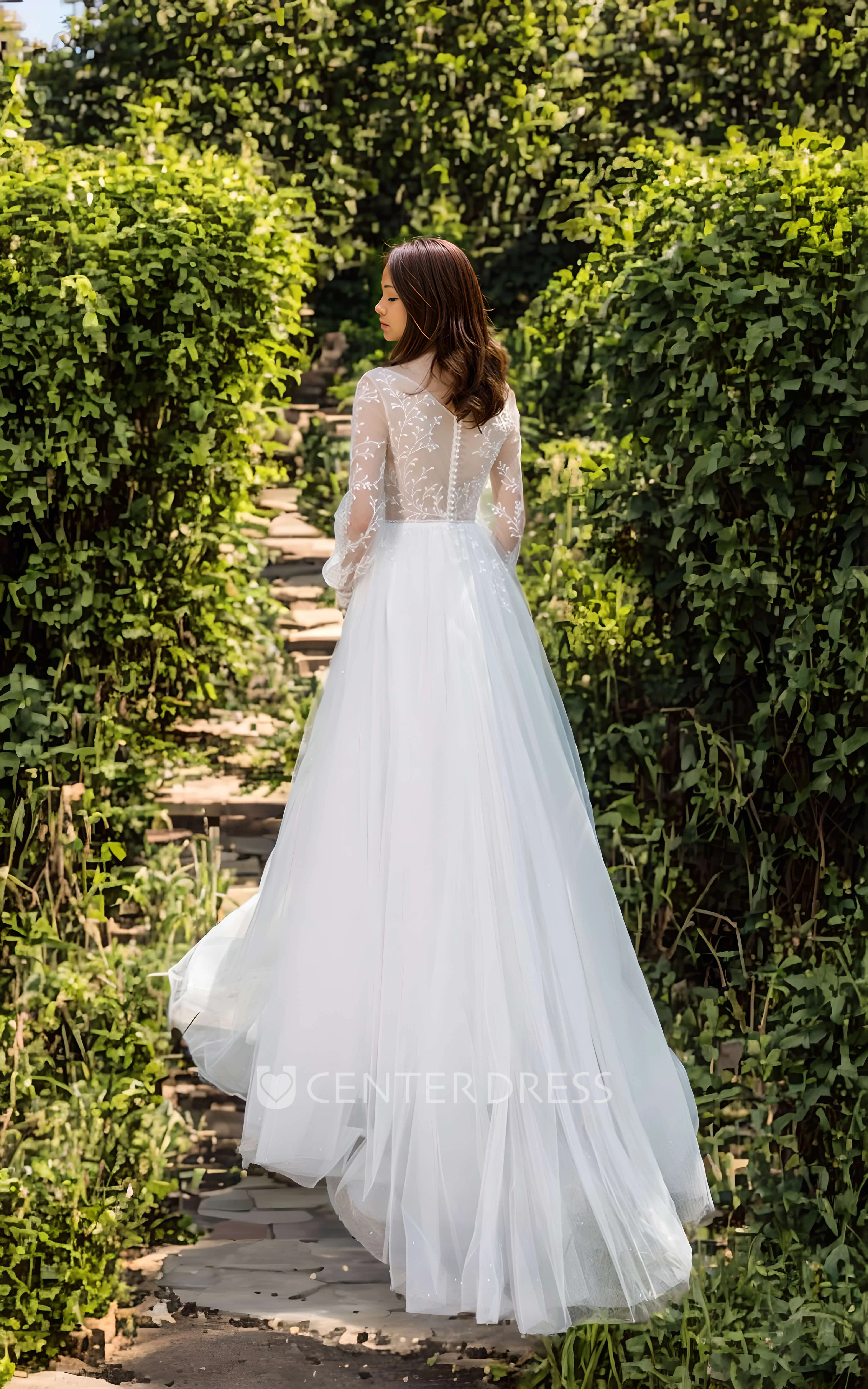 Elegant A-line Lace Spring Wedding Dress Modest Long Sleeve Bateau Plunge Train Gown