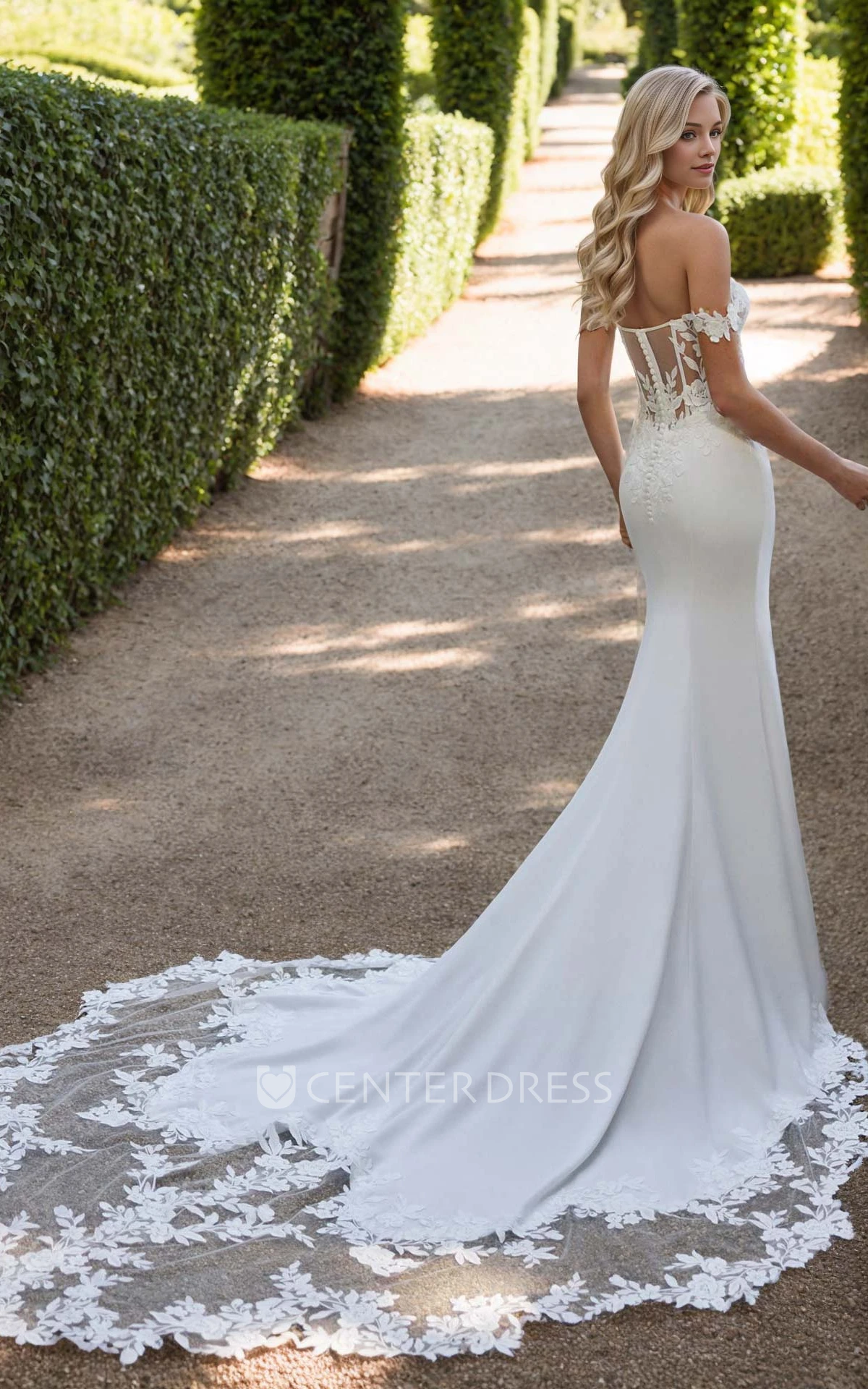 Romantic Sexy Off-the-shoulder Mermaid Jersey Lace Flowers Floor-length Warm Wedding Dress Vintage Elegant Sleeveless Open Button Back Bridal Gown with Train