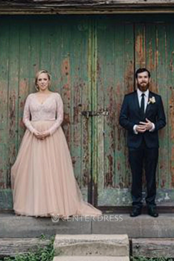 A Line V-neck Lace Tulle Open Back Zipper Warm Wedding Dress