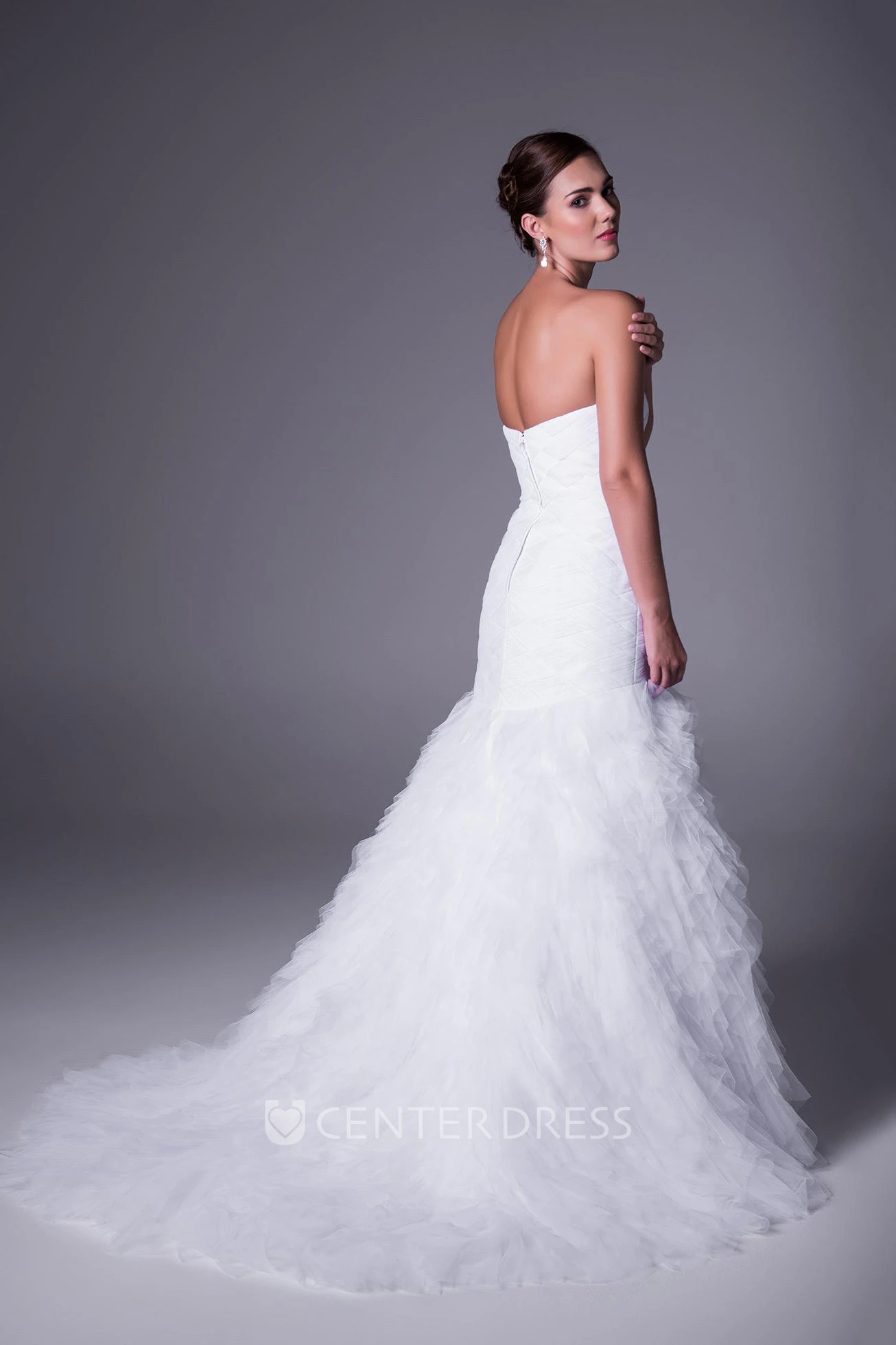 Long Strapless Cascading-Ruffle Sleeveless Tulle Wedding Dress With Waist Jewellery
