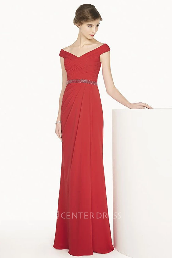 V Neck Cap Sleeve Chiffon Long Prom Dress With Beading Waist