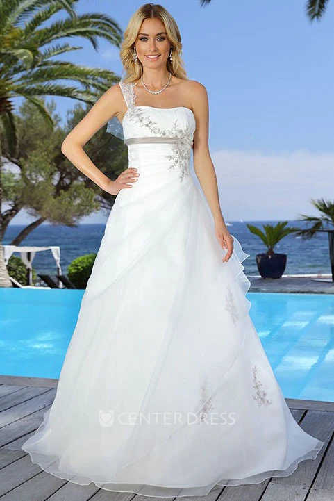 One-Shoulder Maxi Floral Draped Chiffon&Tulle Wedding Dress With Appliques