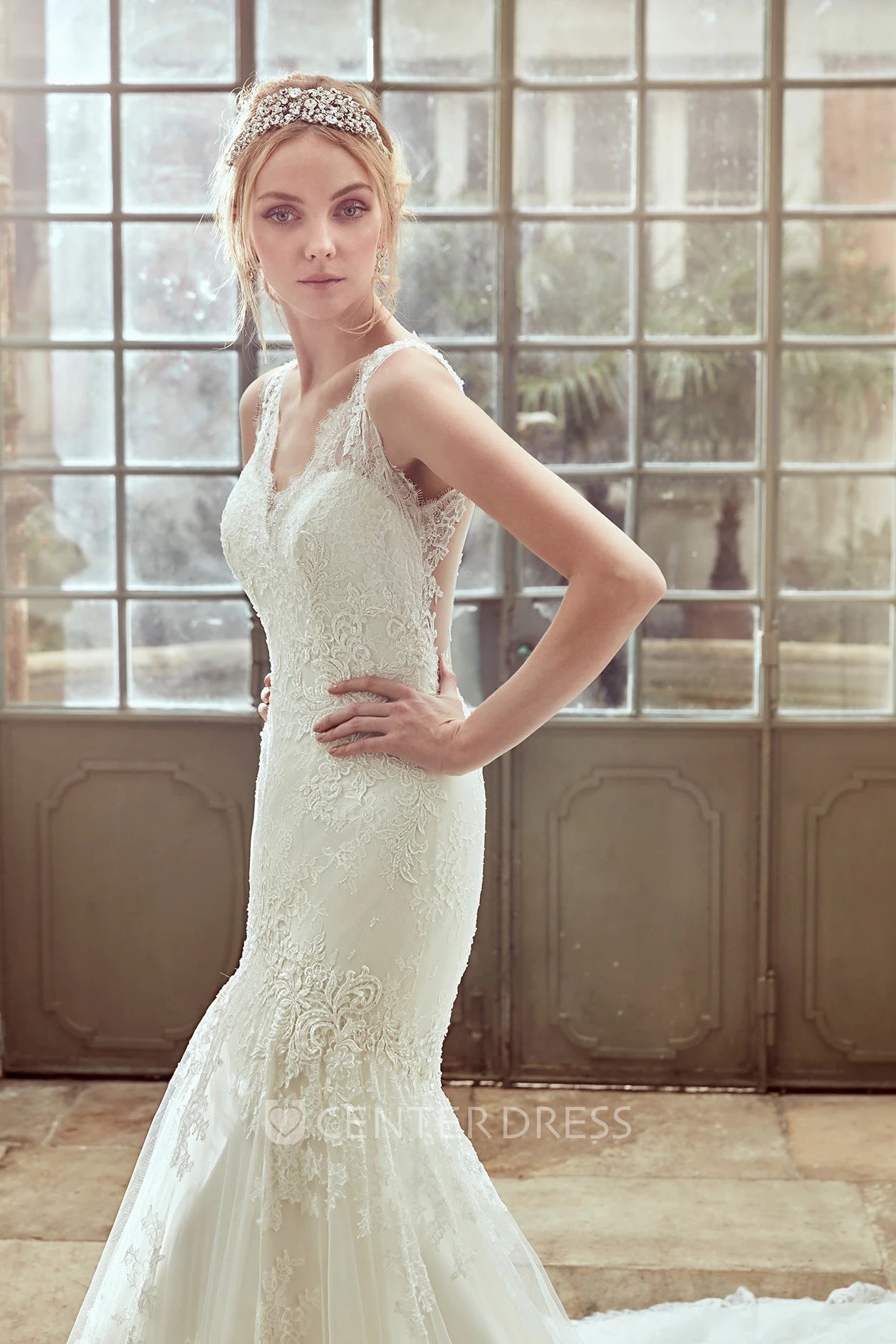Strap-Neck Lace Wedding Dress With Illusive Back and Chapel Train