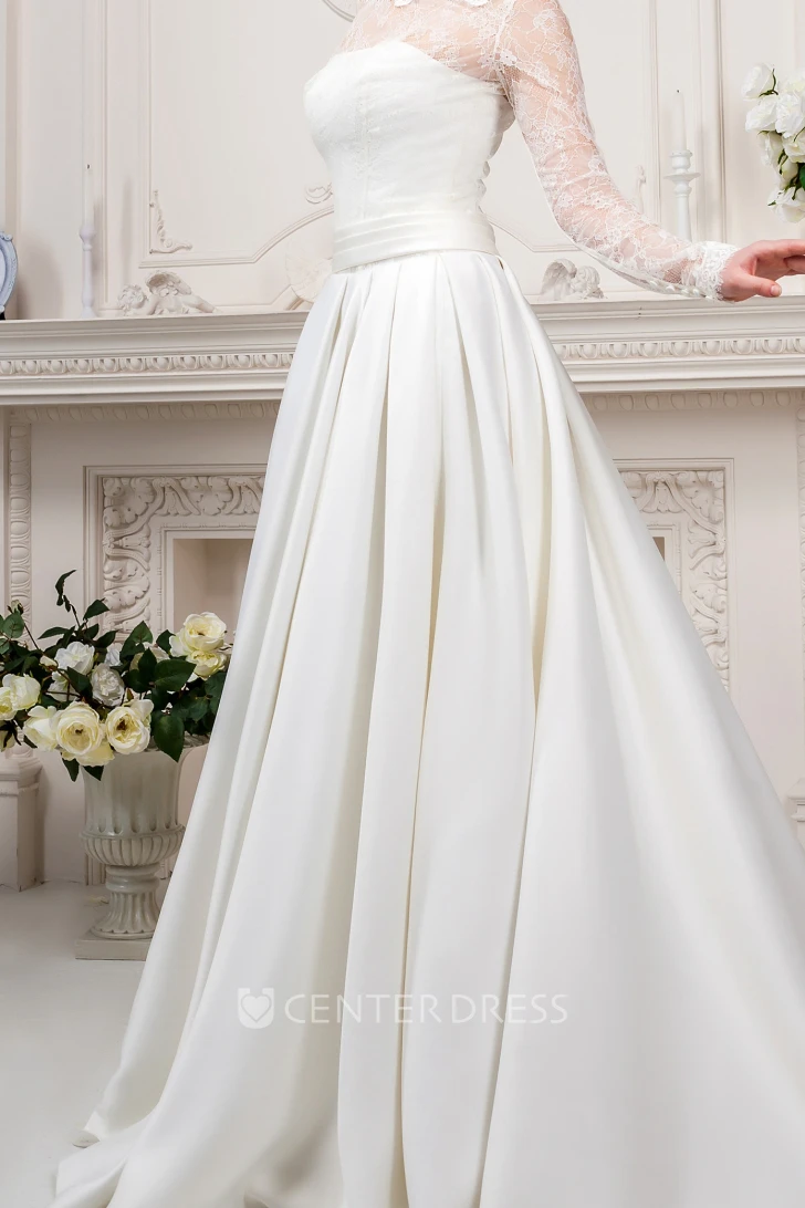 A-Line High Neck Long-Sleeve Satin&Lace Spring Wedding Dress