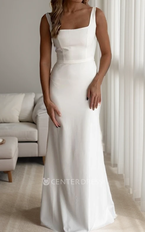 Simple Casual Minimalist Maxi Square Neck Bridal Gown Modest Gorgeous Modern Floor Length Dress