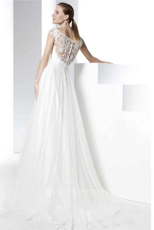 Floor-Length Scoop Appliqued Tulle Wedding Dress With Brush Train And Illusion