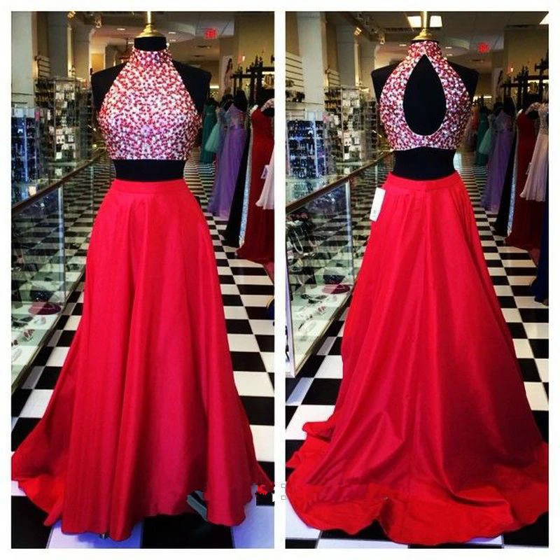 Two Pieces Gorgeous Beadings Prom Dresses High Neck Long