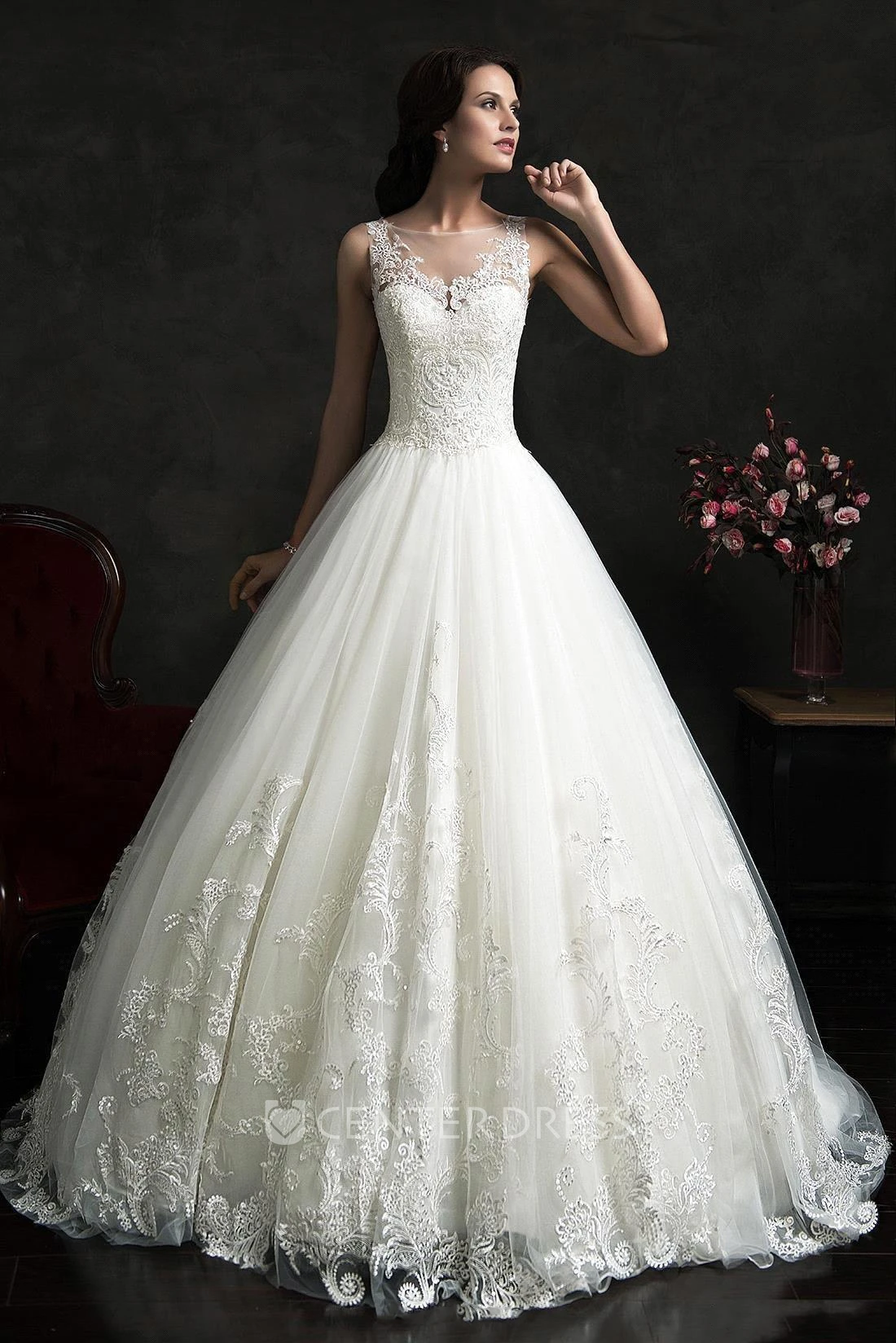 A-Line Short Jewel Straps Sleeveless Bell Appliques Chapel Train Button Straps Keyhole Lace Dress