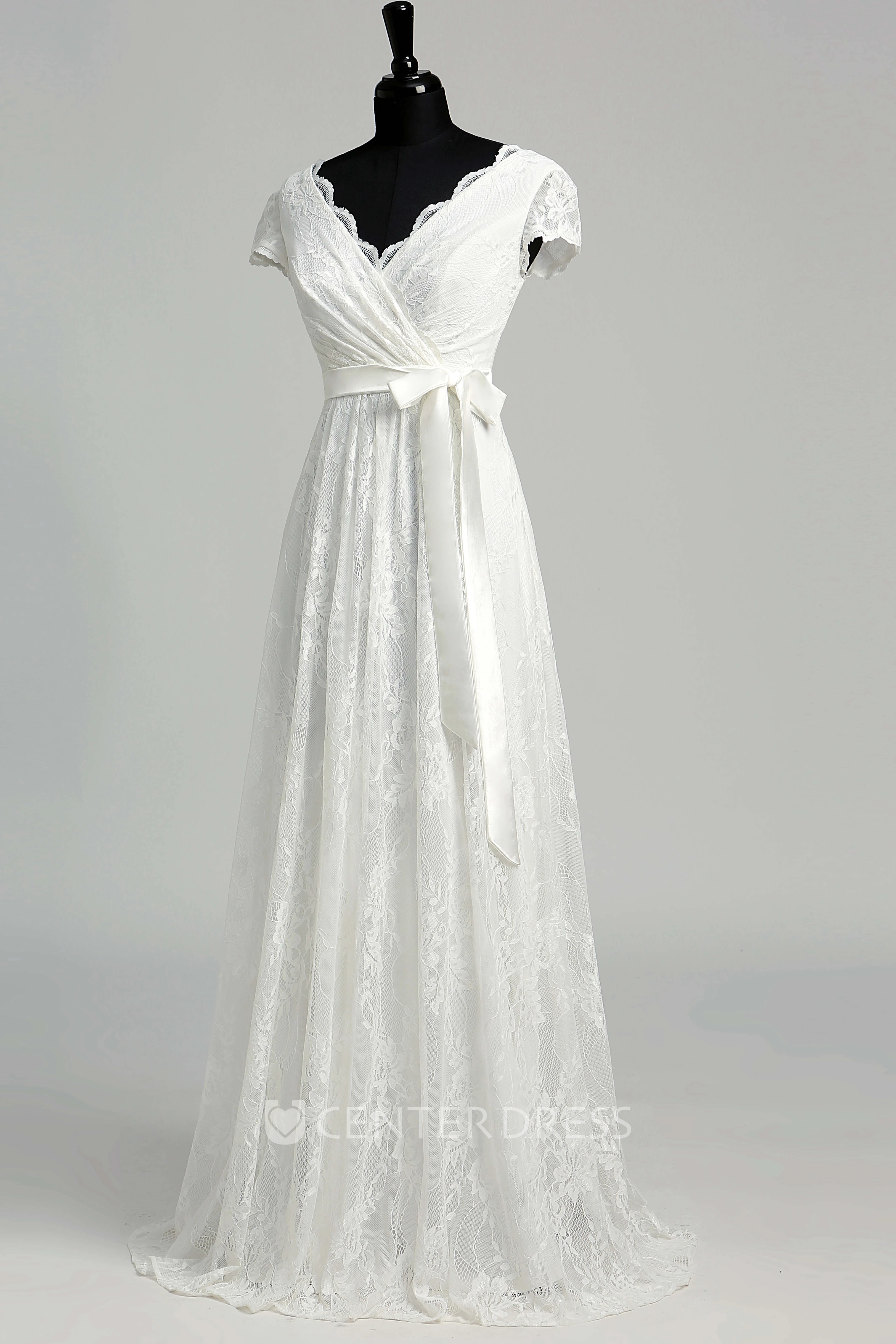 A Line Garden Floor-length Bow Sash Ribbon Lace Warm Wedding Dress