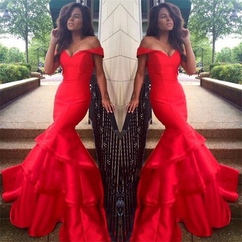 Sexy Red Mermaid Prom Dress Off the Shoulder With Ruffles