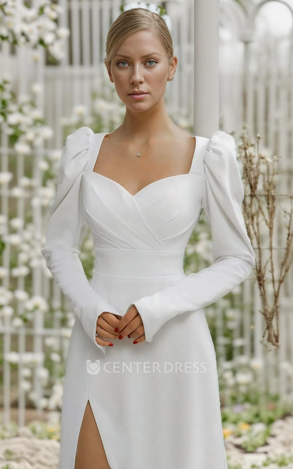 Minimalist Vintage Sheath Ruched Queen Anne Neckline Spring Wedding Dress with Sleeves Simple Elegant Split Front Low Back Sweep Train Satin Bridal Gown