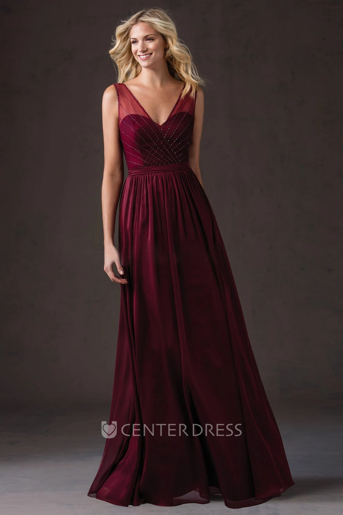 Sleeveless V-Neck Long Bridesmaid Dress With Beadings And Illusion Style