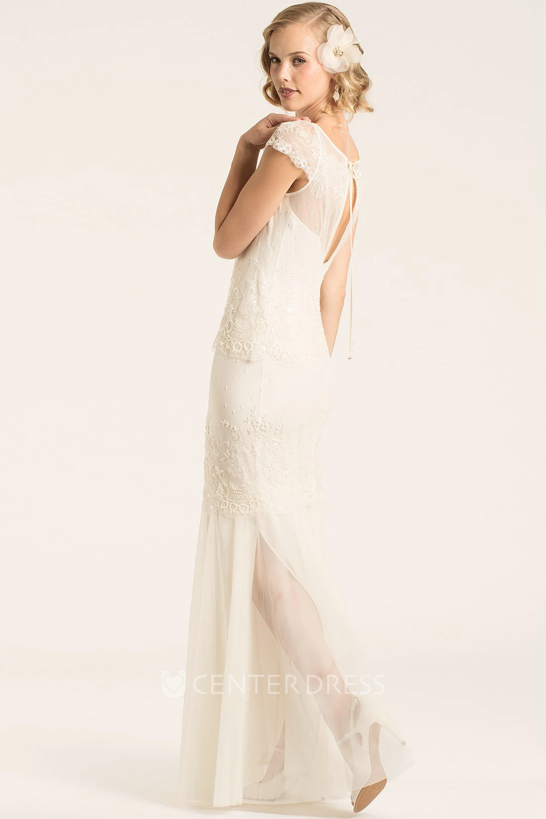 Scoop Maxi Cap-Sleeve Lace Wedding Dress With Illusion