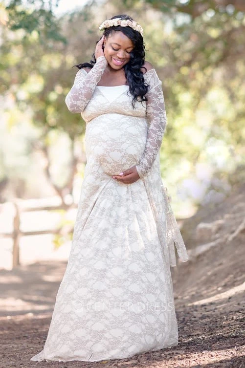 Sheath Sweep Brush Train Long Sleeve Empire Maternity Dress