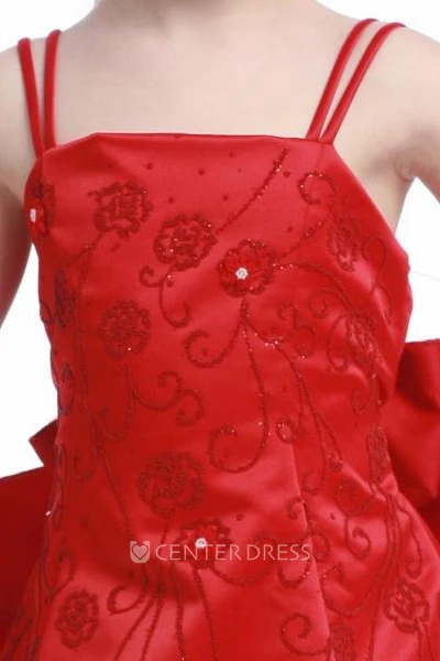Floral Ankle-Length Beaded Floral Sequins&Satin Flower Girl Dress With Straps