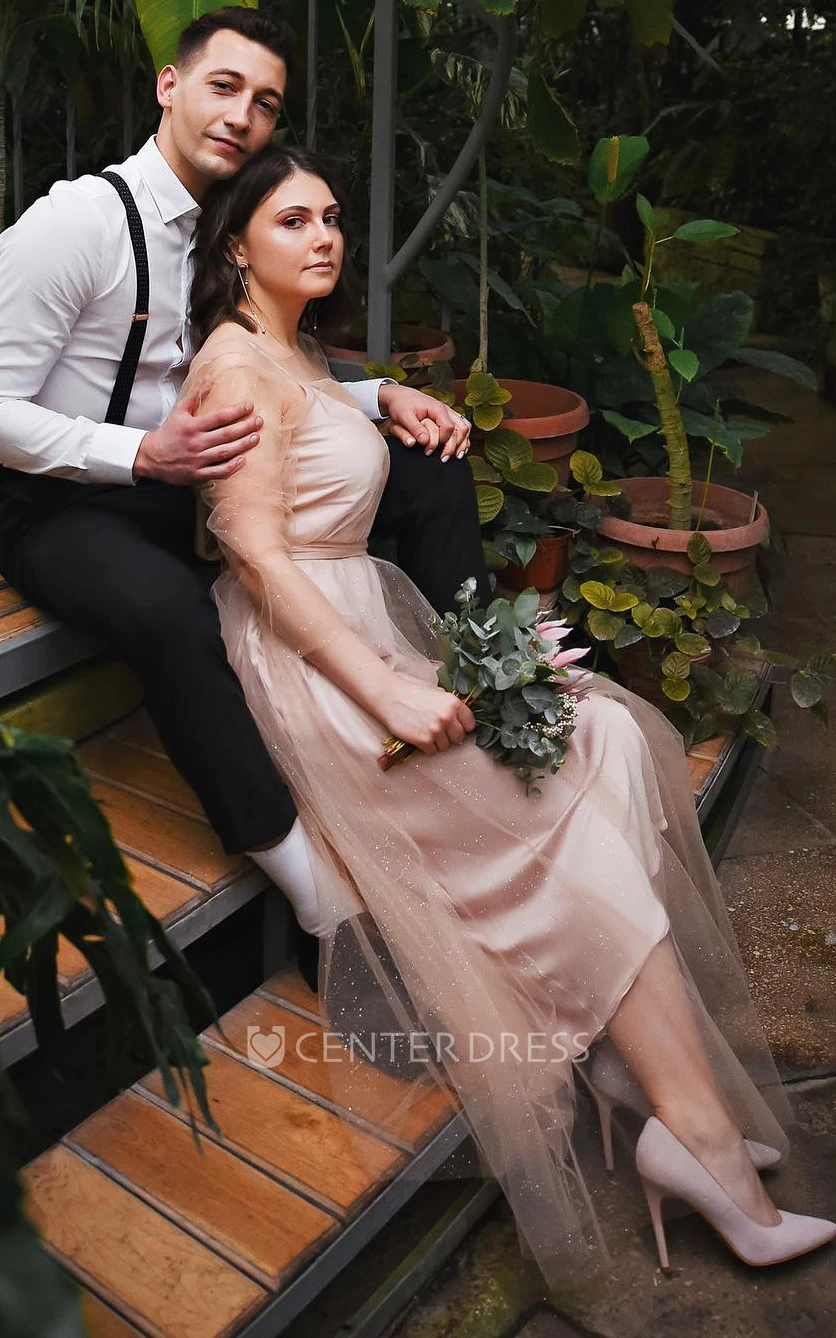 Elegant A-Line Satin Tulle Prom Dress With Long Sleeve And Spaghetti Straps