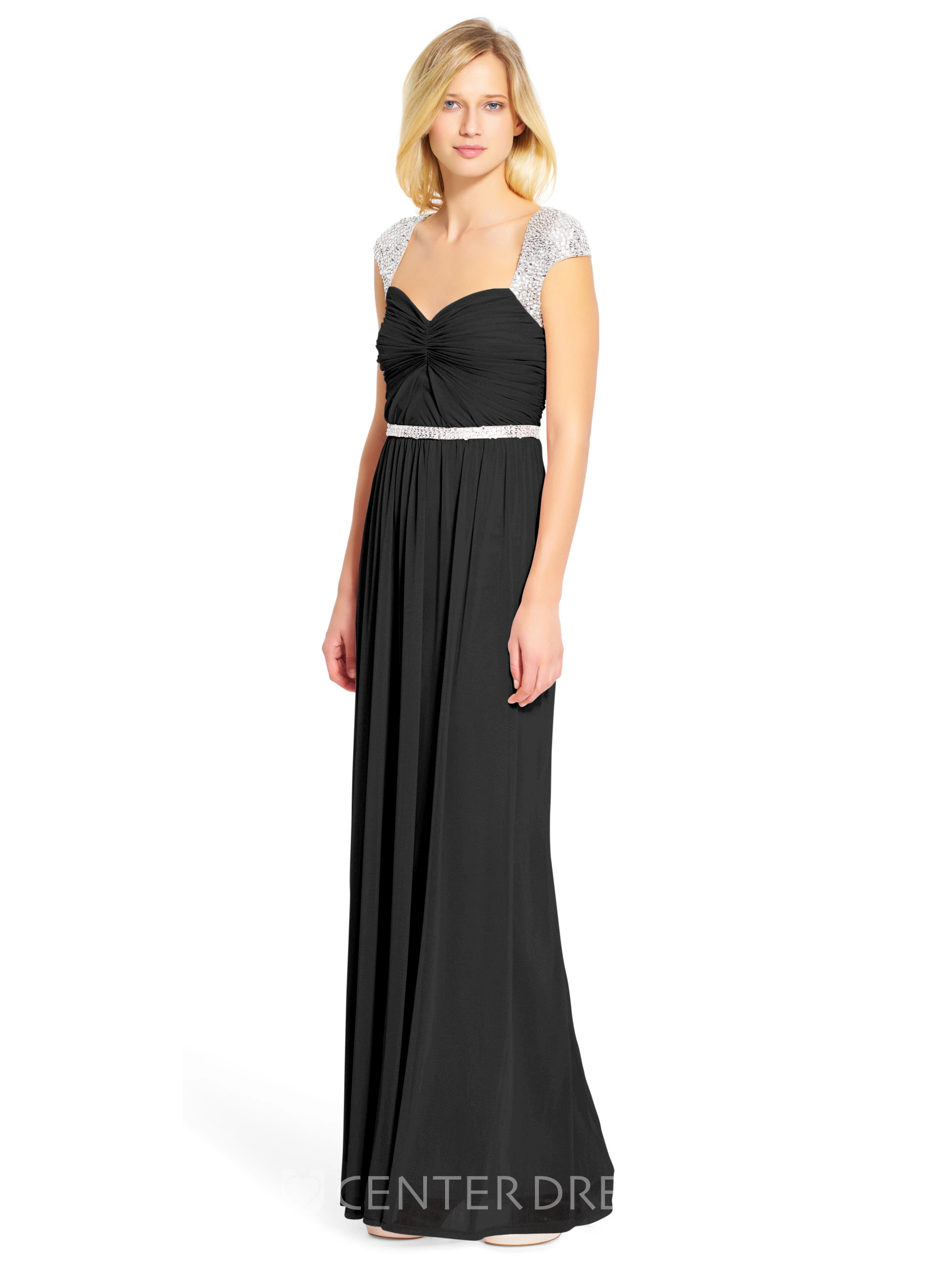 Sheath V-Neck Cap Sleeve Beaded Chiffon Bridesmaid Dress