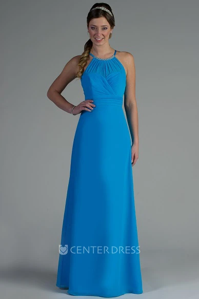 Crystal High Neck A-Line Chiffon Long Bridesmaid Dress With Back Keyhole