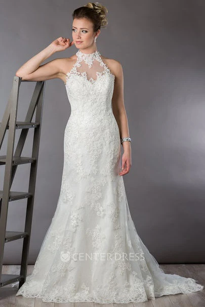 High Neck Illusion Back Sheath Bridal Gown With Allover Lace