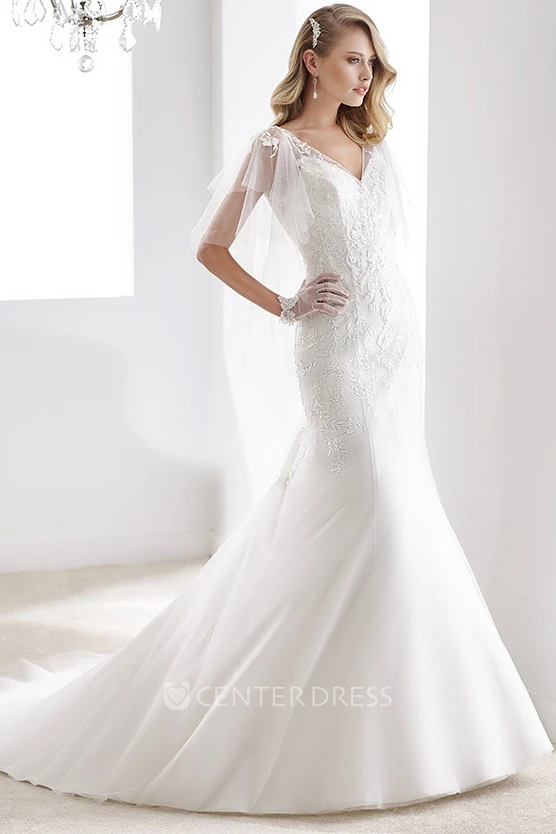 V-Neck Cape-Sleeve Sheath Mermaid Bridal Gown With Open Back