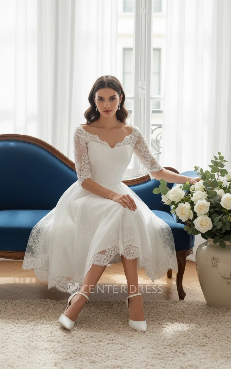 Tea Length Lace A-line Wedding Dress Simple Half Sleeve Civil Bridal Gown