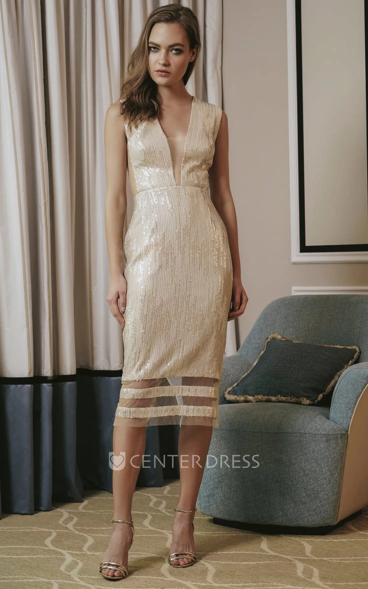 Sexy Sequins Sleeveless Tea-length Sheath Guest Dress with Split Back