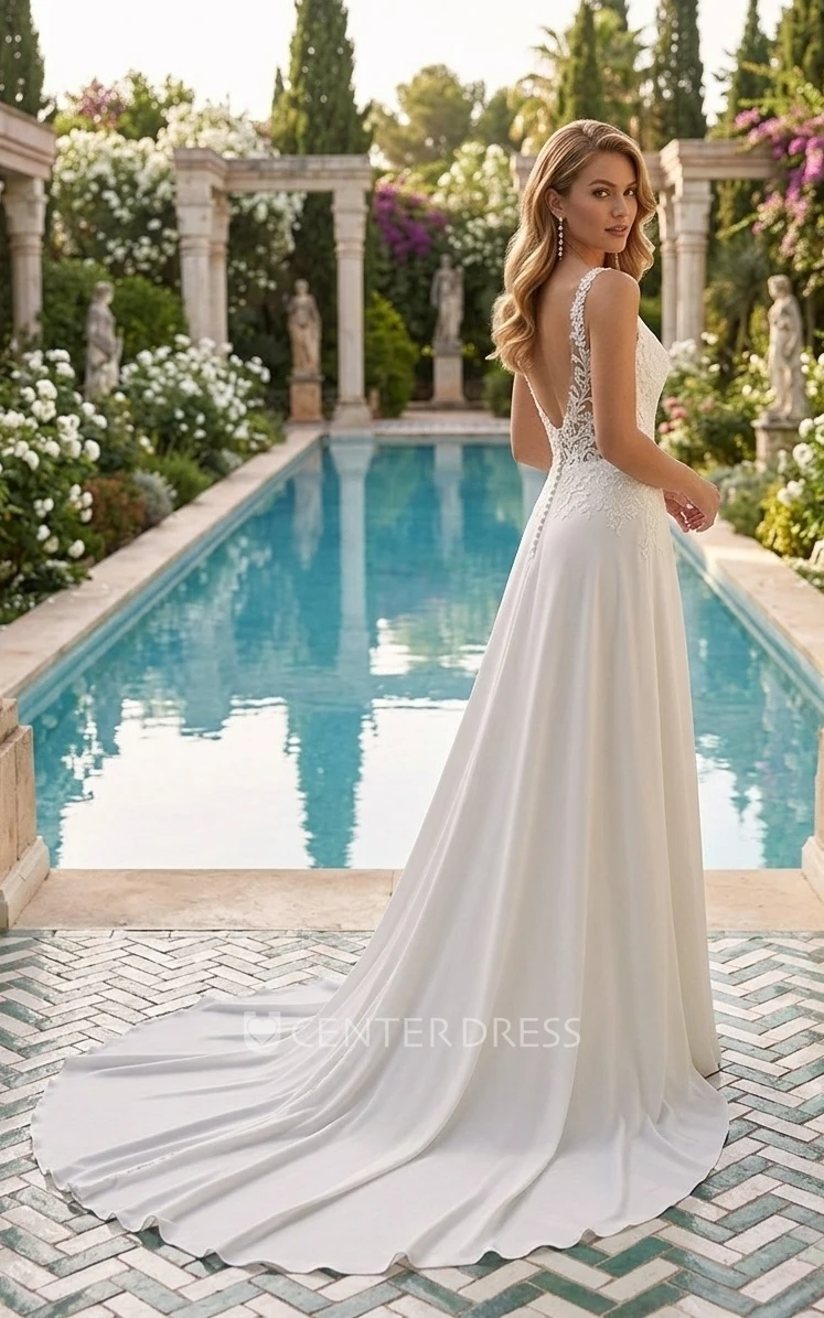 Romantic Elegant Plunging V-Neck Sheath Floor-length Chiffon Lace Spring Wedding Dress Ethereal Sexy Appliques Sleeveless Deep-V Back with Button Zipper Bridal Gown