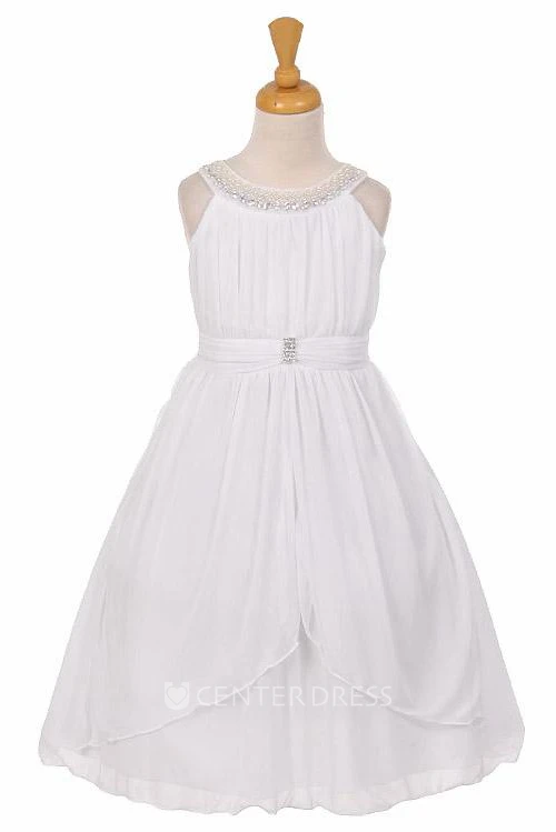 Tea-Length Peplum Pleated Tiered Chiffon&Tulle Flower Girl Dress With Sash