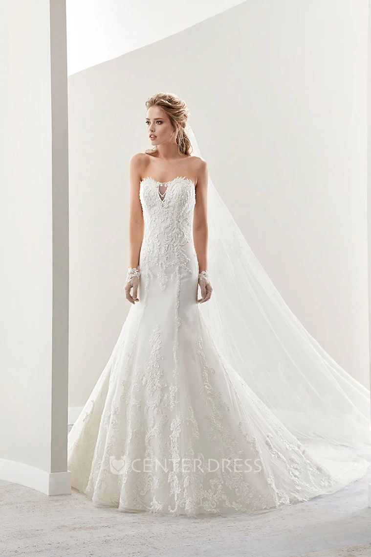 Strapless Mermaid Lace Gown With Illusive Details And Brush Train