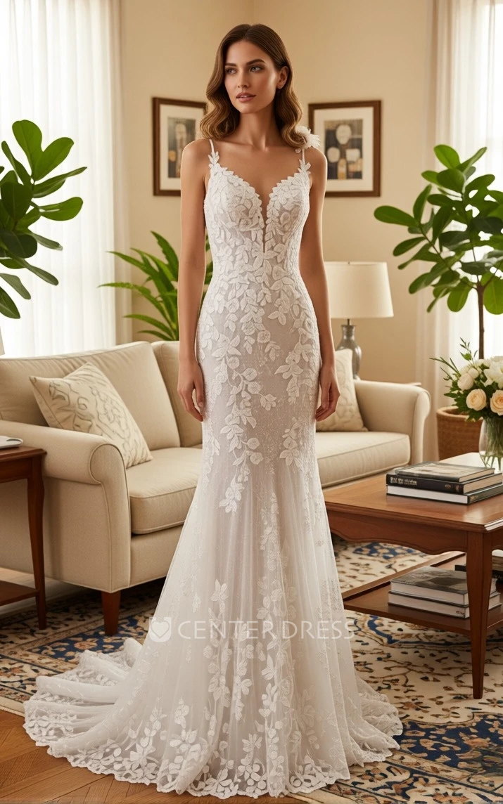 Mermaid Sleeveless Spaghetti Wedding Dress Boho Lace V-Neck Gown for Beach Weddings