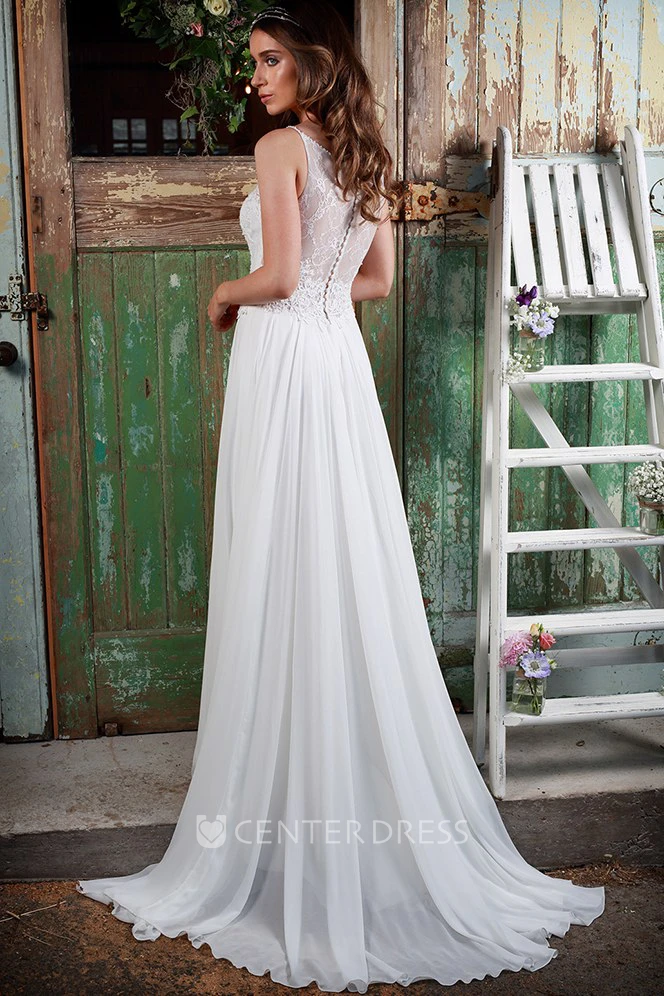 Pleated Spaghetti Long Chiffon Wedding Dress With Appliques And Illusion
