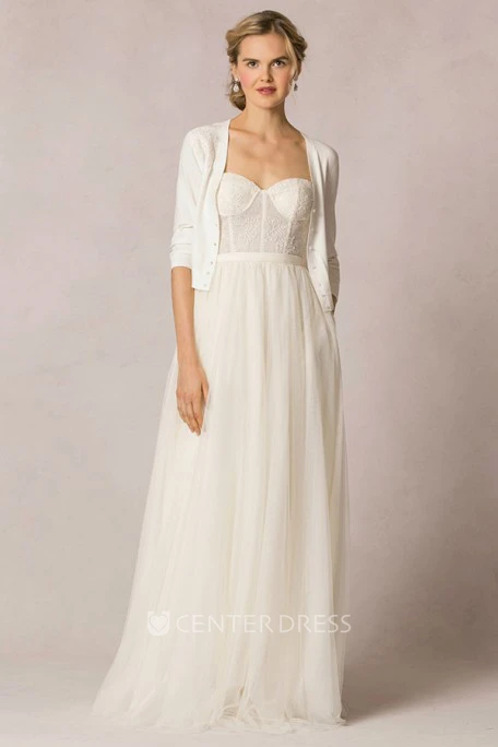 Sheath Lace Half-Sleeve Long Scoop-Neck Tulle Wedding Dress