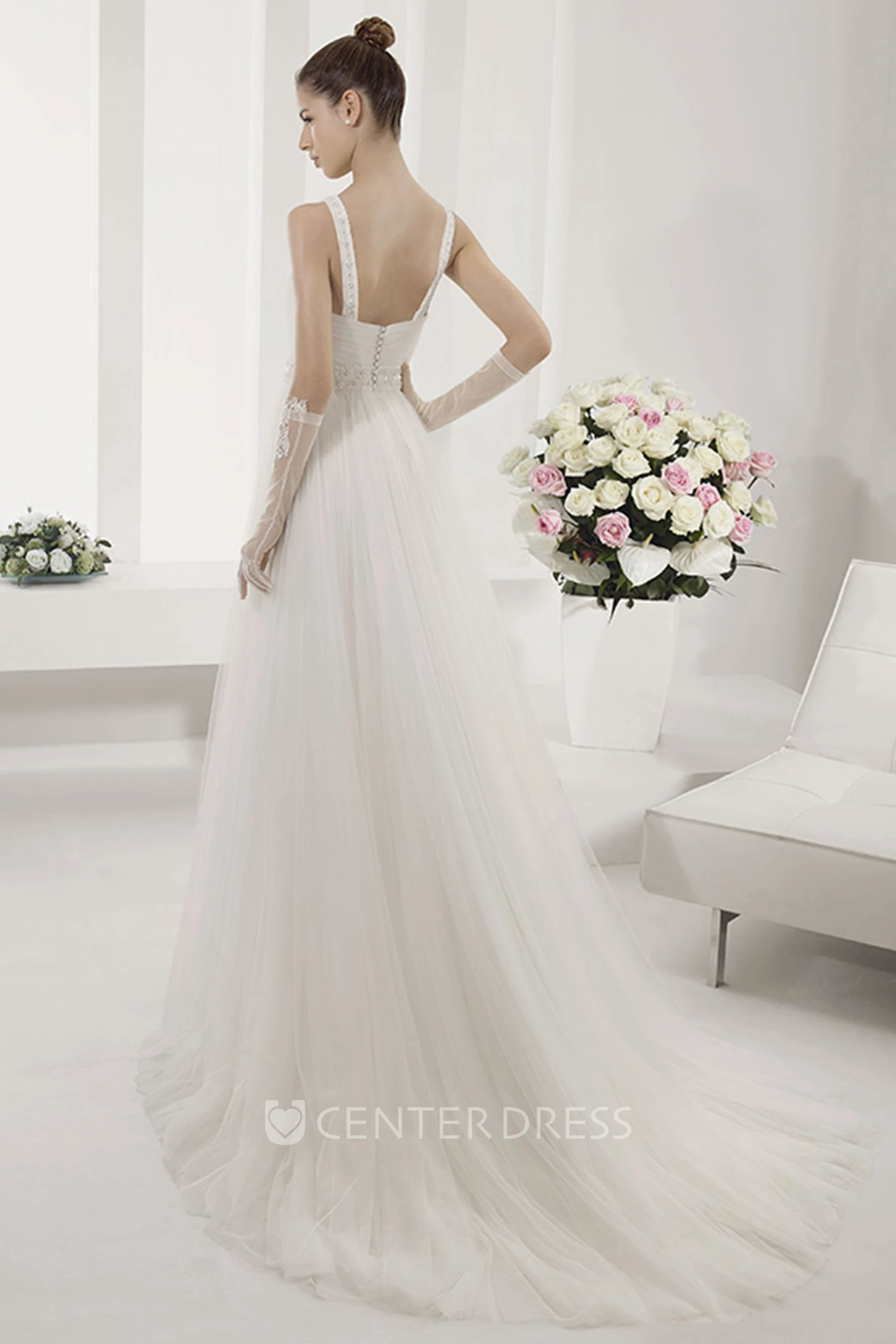 V Neck A-Line Pleated Tulle Gown With Criss Cross Bodice