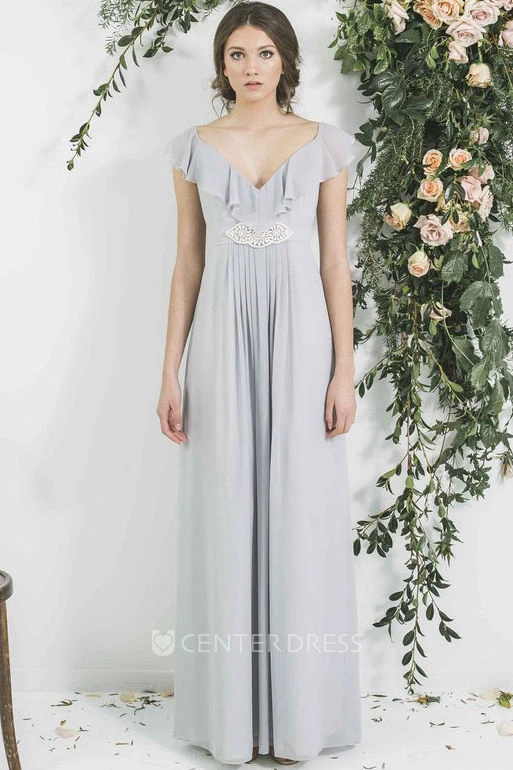 Pleated V-Neck Empire Poet Sleeve Chiffon Bridesmaid Dress With Waist Jewellery