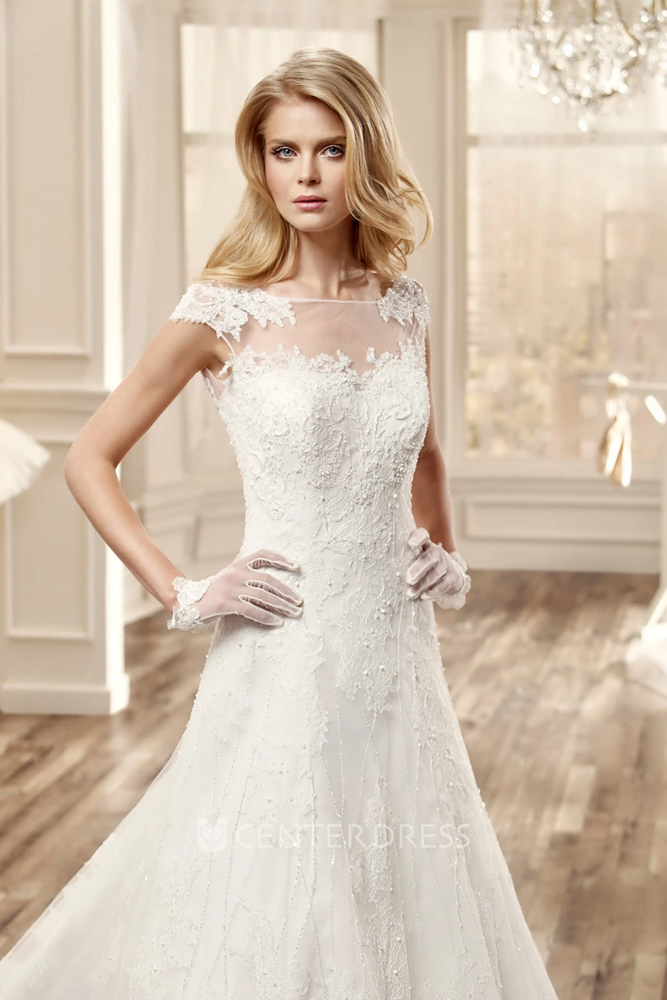Cap-Sleeve Long Wedding Dress With Illusive Neckline And Court Train