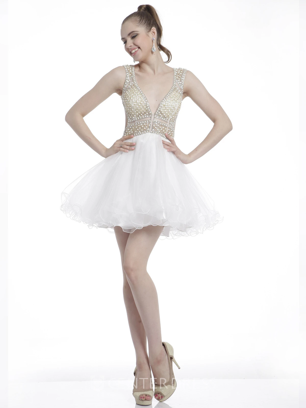 A-Line Mini V-Neck Sleeveless Dress With Ruffles And Beading