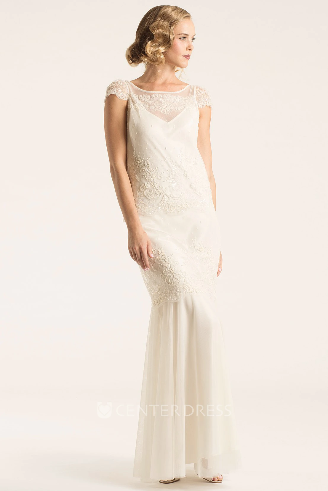 Scoop Maxi Cap-Sleeve Lace Wedding Dress With Illusion