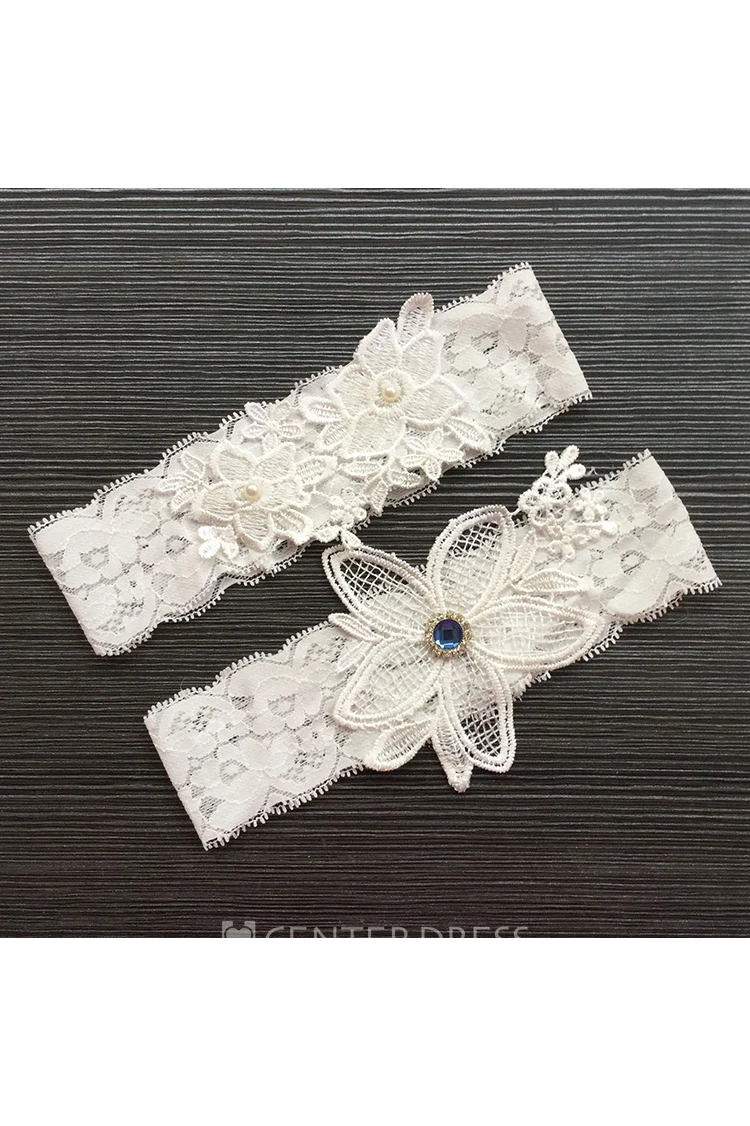 Wide-brimmed Blue Gem Flower Lace Two-piece Elastic Garter Within 16-23inch