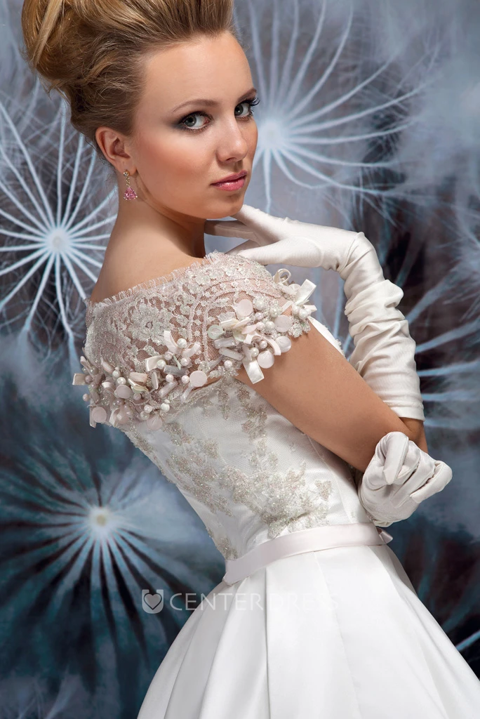 A-Line Maxi Appliqued Cap Sleeve Bateau Neck Satin Spring Wedding Dress