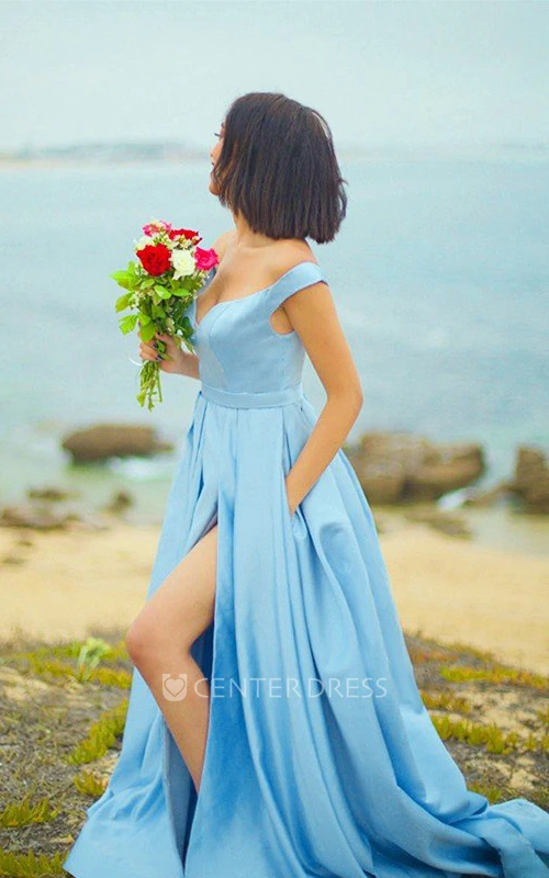 A Line Sleeveless Satin Sexy Prom Dress with Pockets and Ruffles