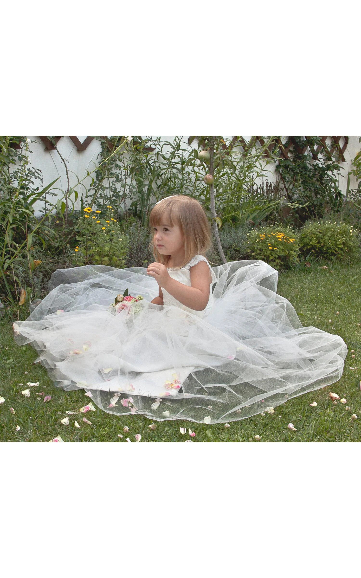 Cap Sleeve Lace Bodice Pleated Ball Gown With Lace-Up Back