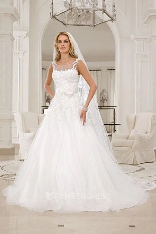 A-Line Sleeveless Appliqued Floor-Length Scoop Tulle Wedding Dress With Ruffles