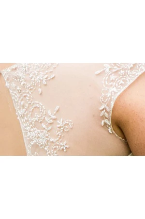 Beaded Cap Sleeve Taffeta Bridal Gown With Lace Up And Keyhole