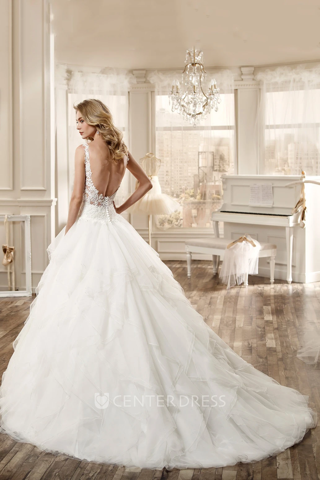 Ruching Wedding Dress with Low-V Neck and Open Back
