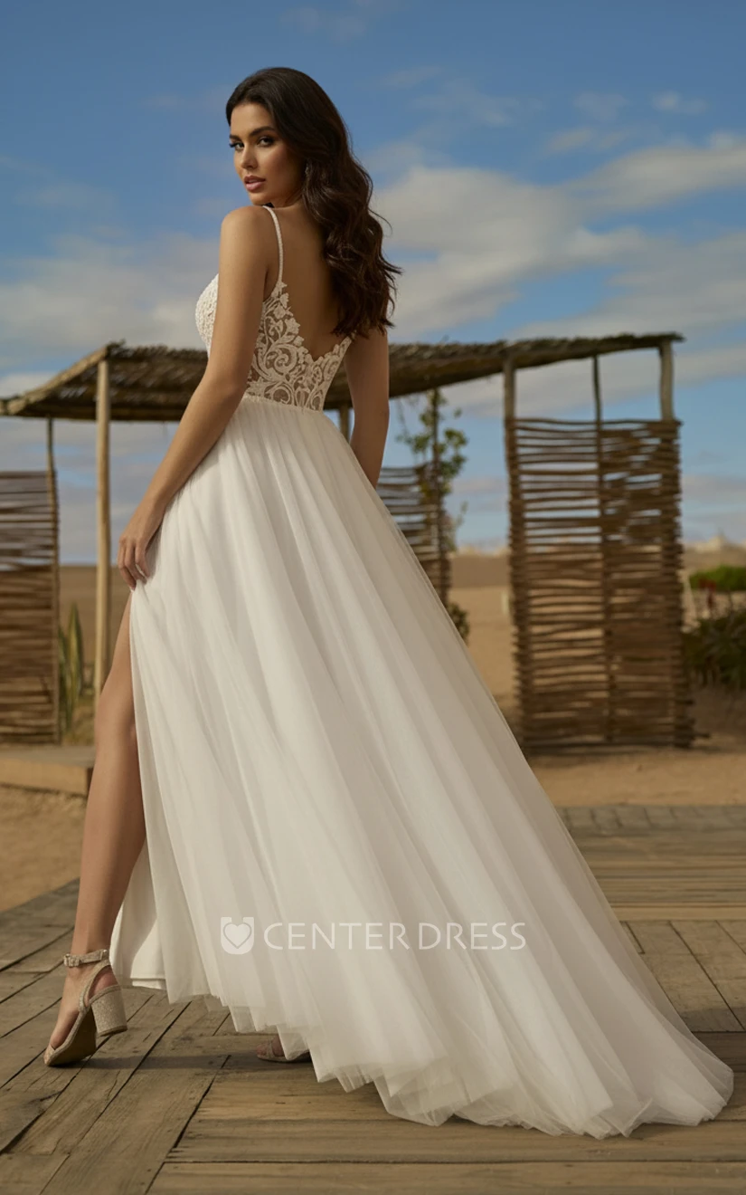 Spaghetti A-Line Beach Lace Wedding Dress V-Neck Sexy Slit Tulle Bridal Gown