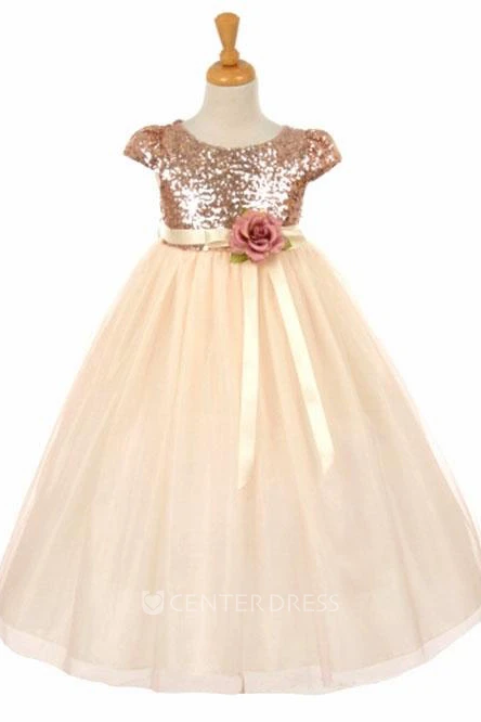 Short Floral Empire Floral Tulle&Sequins Flower Girl Dress With Sash