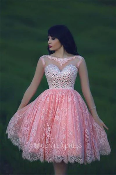 Lovely Beadings Lace Cocktail Dress Open Back Pink Homecoming Dress